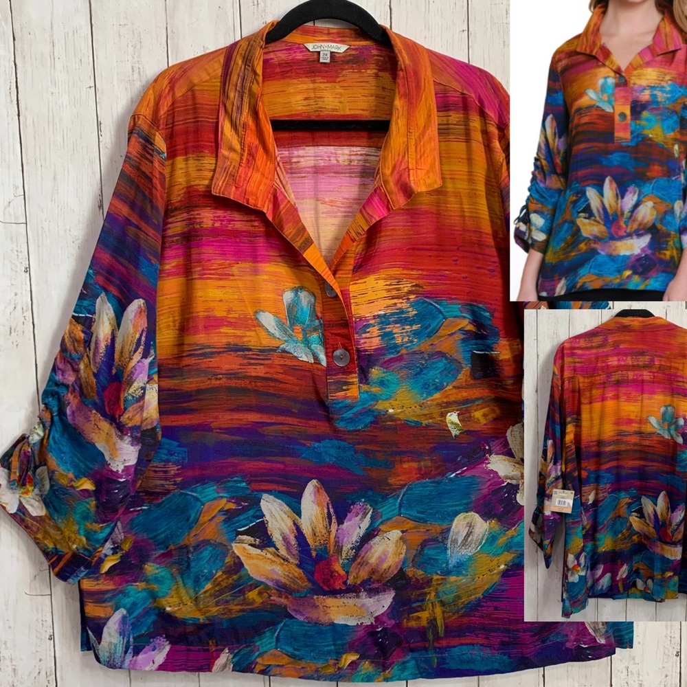 John Mark Top Shirt Tunic Women 2X Abstract Floral Print Collared 3/4 Sleeve NWT